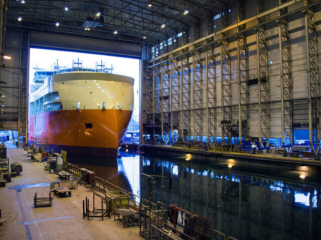 Yno 302 at Ulstein Verft being launched from the dock hall