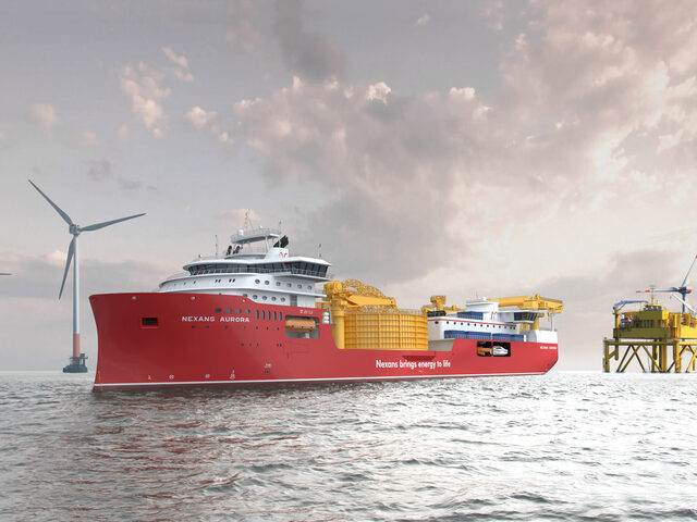 Nexans' new cable laying vessel at an offshore wind farm.