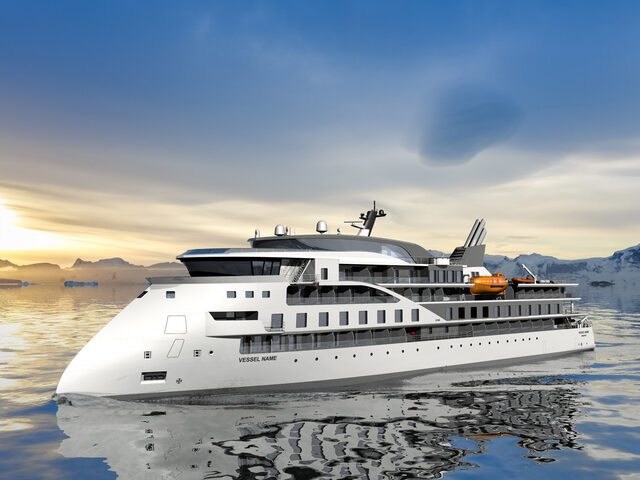 An expedition cruise ship of the ULSTEIN CX103 design in polar surroundings.