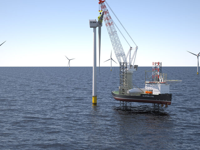 ULSTEIN J102 jack-up vessel: Installation at Offshore Wind Farm, 15 MW turbines.