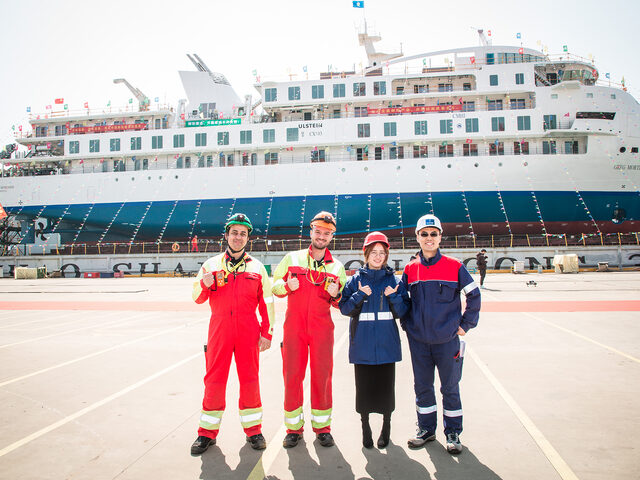 Ulstein site team, here joyously attending the launching ceremony of the first Chinese built expedition cruise vessel at the CMHI yard, and soon ready to perform the inclining test.