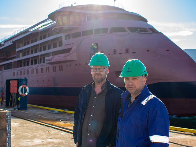 Kenneth Pettersen, Project Director, and Jarle Åsemyr, Manager Hull Department, both at Ulstein Verft, followed the arrival of the Endurance hull.