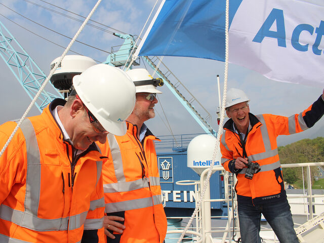 Rob Boer, CEO in Acta Marine (right) and his team celebrating the newcomer in their fleet.