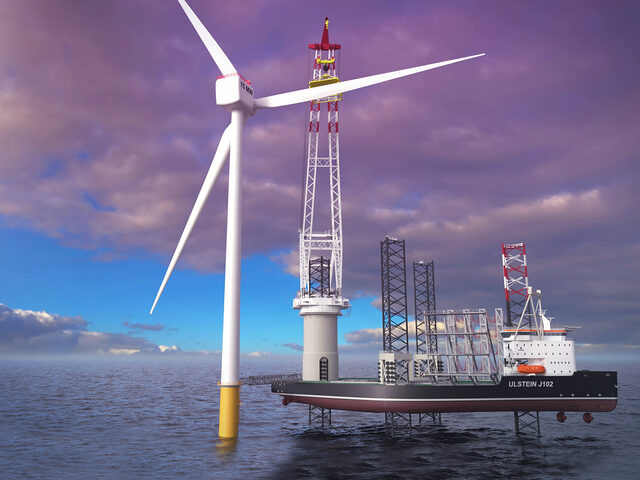 The J102 ULSTEIN JACK-UP vessel installing a future 15MW offshore wind turbine.