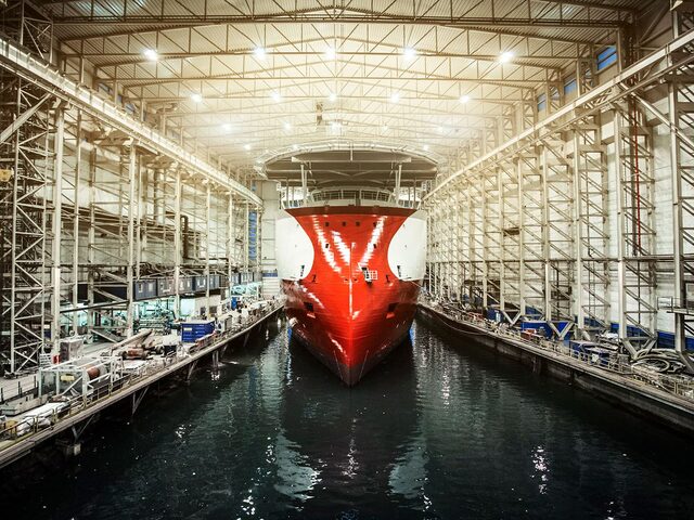 The subsea vessel 'Polar Onyx' in the dock hall at Ulstein Verft, photo by Marius Beck Dahle.