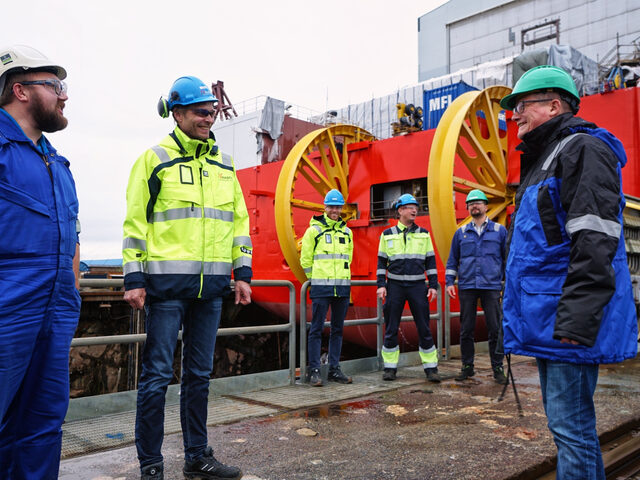 The Nexans Aurora project managers from Maats, Nexans and Ulstein Verft, respectively, meeting up to inspect the installations.