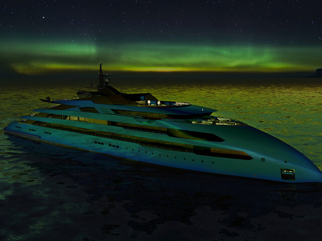 An ULSTEIN CX123 yacht under the Aurora Borealis