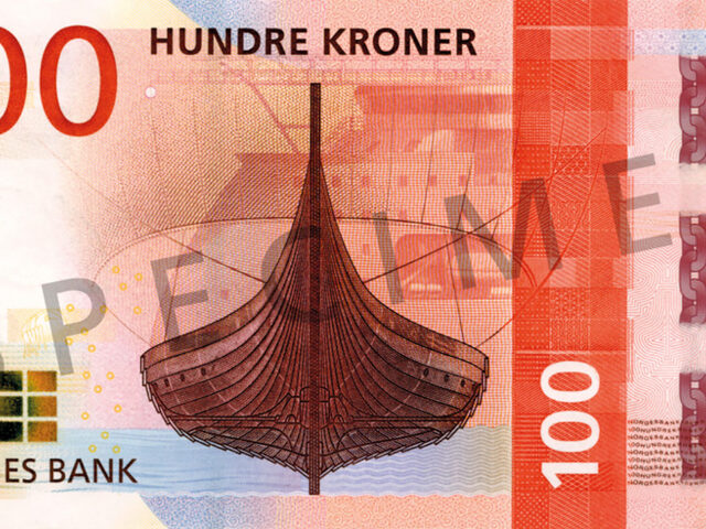 The Metric System's winner concept of the next 100 krone note, showing the Gokstad viking ship and the X-BOW hull line design from Ulstein.