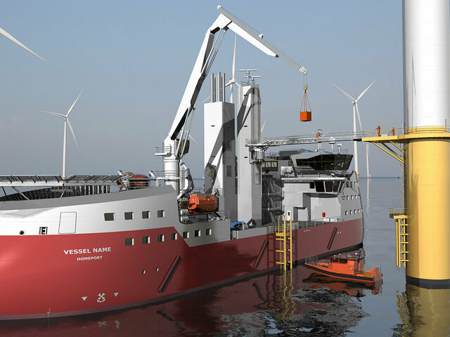 Designer's illustration of an operational TWIN X-STERN SOV vessel at an offshore wind farm.