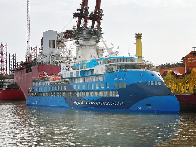 The CX103 expedition cruise vessel Ocean Albatros quayside after sea trial