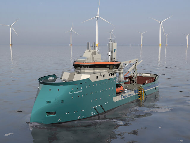 Designer's illustration of the Acta Auriga positioned at an offshore wind farm.