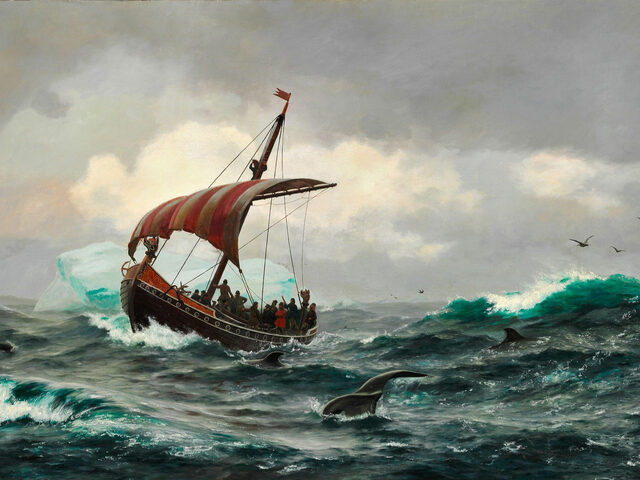 Viking Explorers off the coast of Greenland, a 19th century painting by Carl Rasmussen.