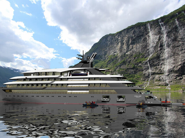 A C113 classic line expedition cruise ship by Ulstein in the Geiranger fjord, zodiacs on the water.