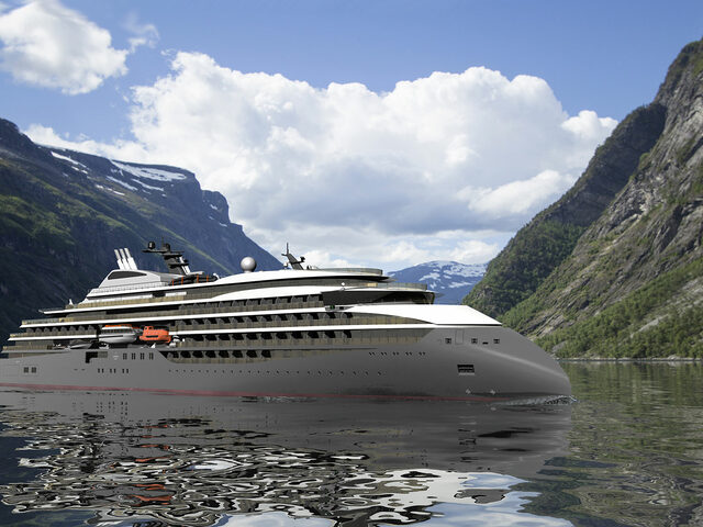 A CX111 exploration cruise vessel, here seen in the Geiranger fjord.