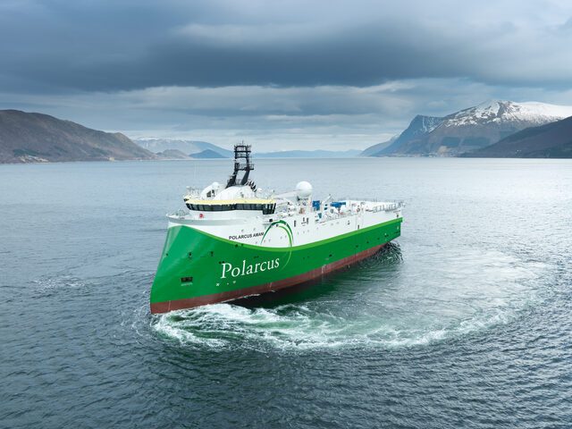 A seismic X-BOW vessel, the Polarcus Amani of the SX134 design, designed and built by Ulstein. (photo by Per Eide Studio).