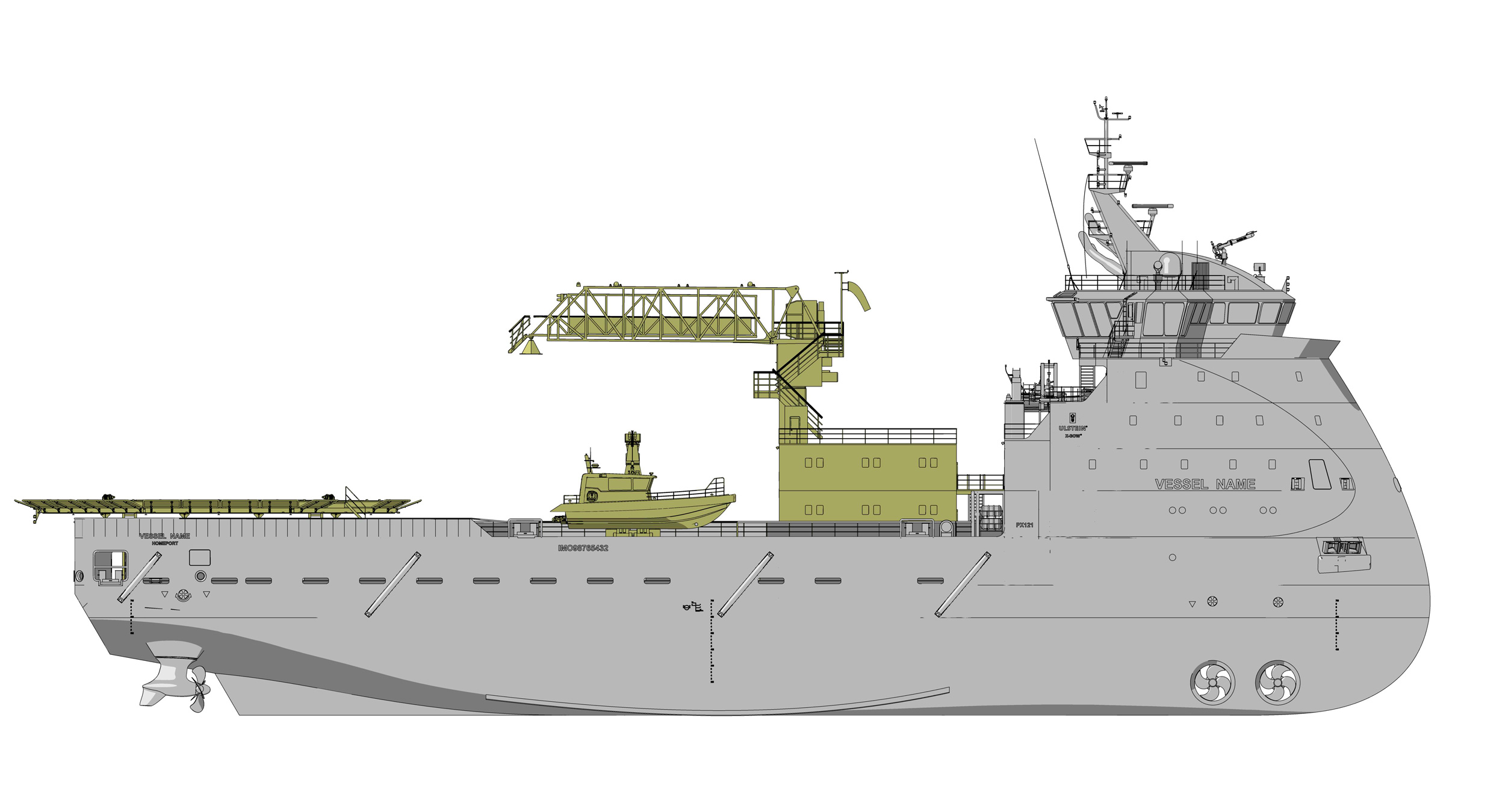 An ULSTEIN PX121 PSV design conversion illustration: Implementing an extra accommodation module, helideck, gangway and workboat.