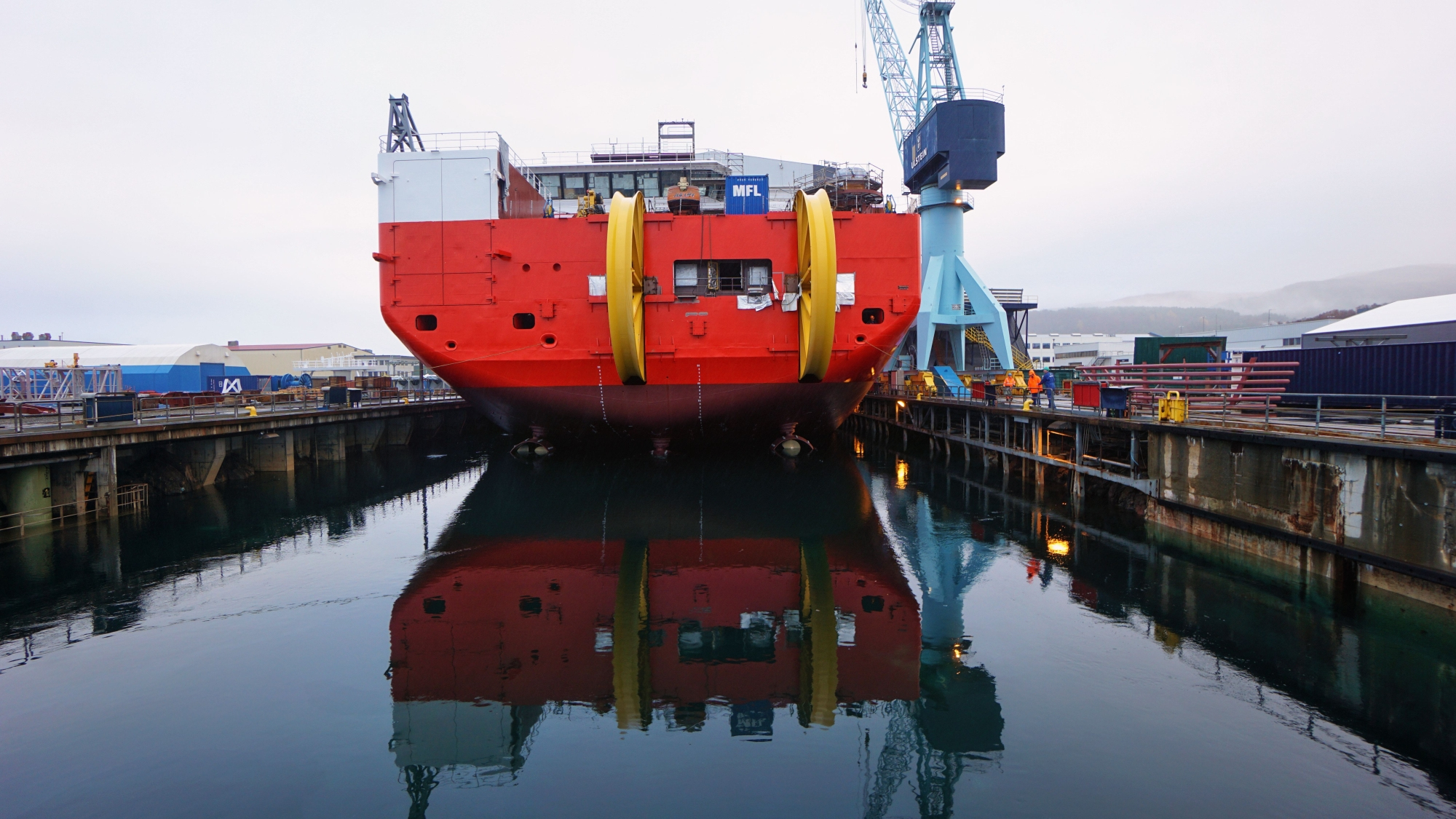 The two MAATS lay wheels protruding at the aft end of the Nexans Aurora. Photo: Daniel Osnes.