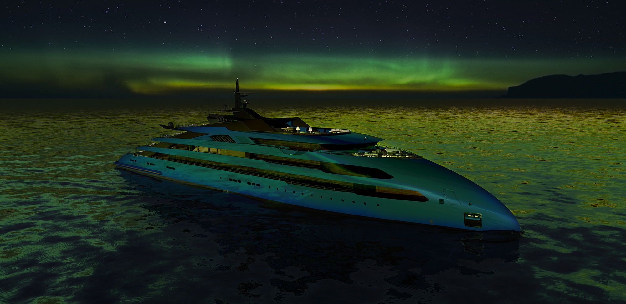 An ULSTEIN CX123 yacht under the Aurora Borealis.