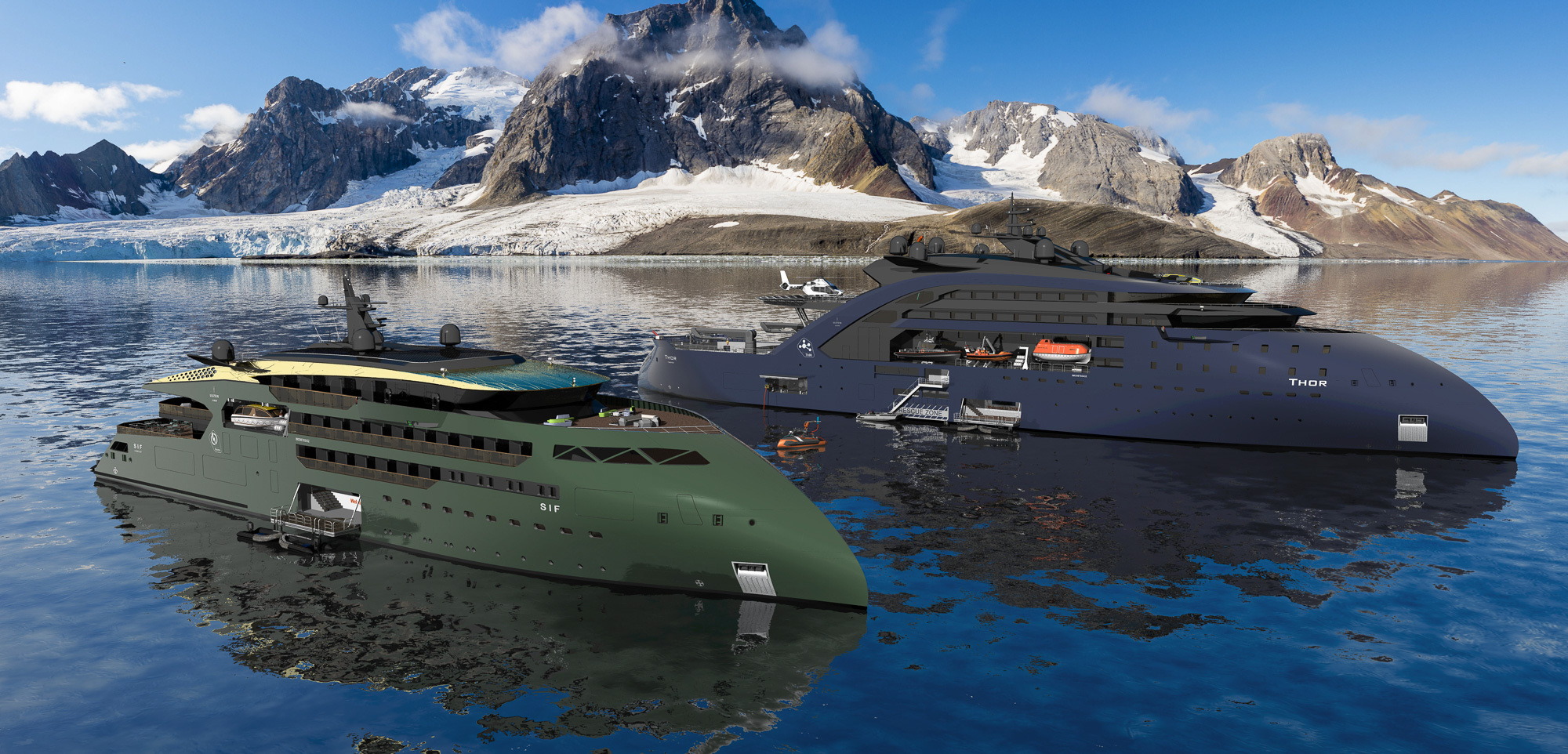 The full-electric cruise vessel ULSTEIN SIF alongside the thorium-powered ULSTEIN THOR.