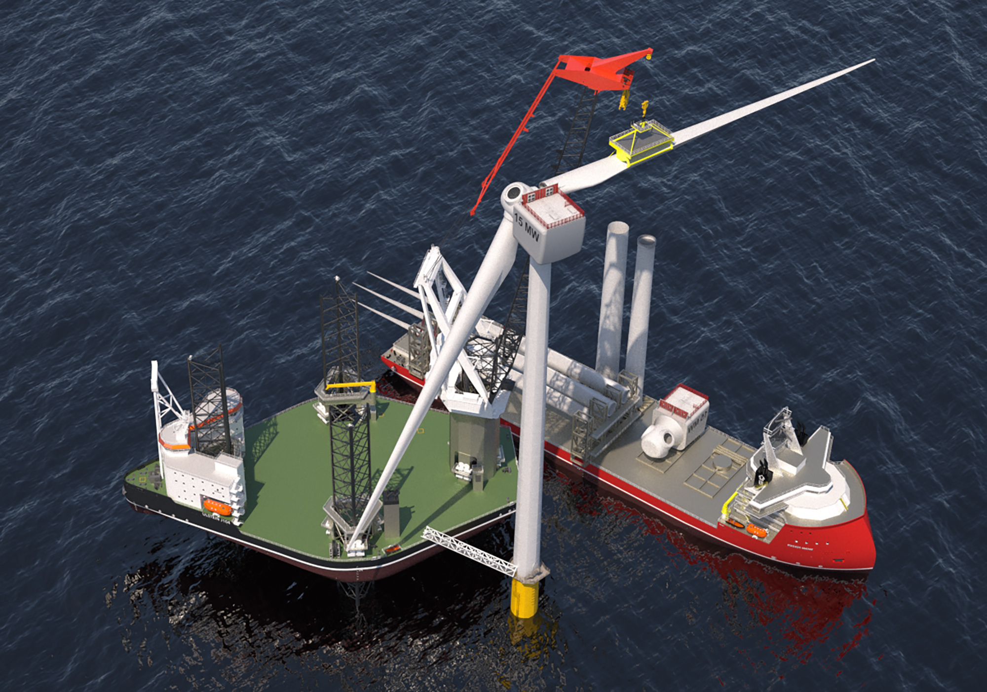 Offshore wind duo, the ULSTEIN J104 jack-up working together with an ULSTEIN HX104 feeder vessel.