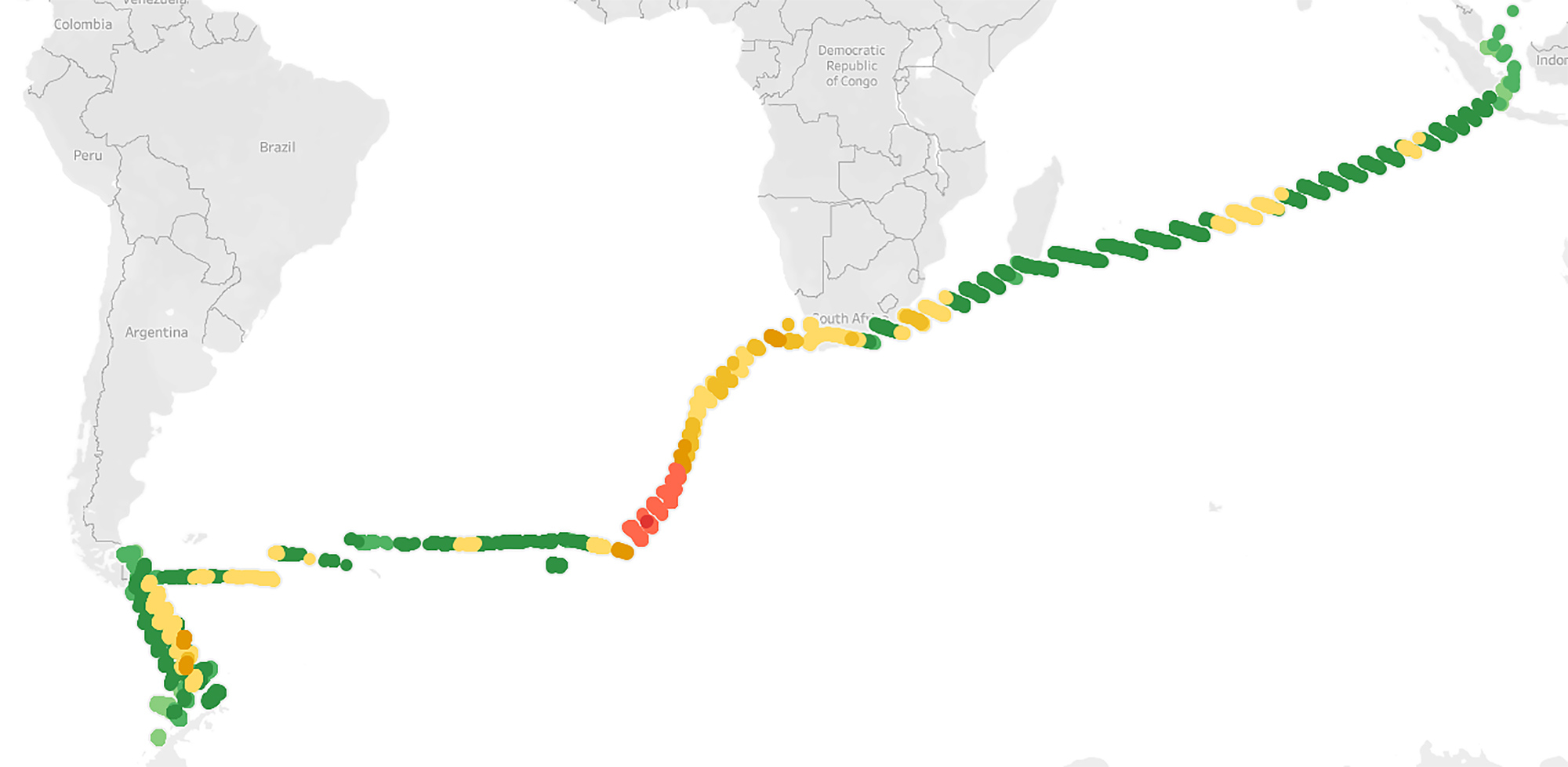 Wave tracking data from 'Greg Mortimer's transit across the Atlantic. Yellow colour refers to significant wave height 3-5 metres, while red colour indicates significant wave height 6-7 metres. This means that the largest waves in the red range vary from 10.8 to 12.6 metres.. At one point during this transit, significant wave height was 7.5 metres, i.e. a wave height up to 13.5 metres.