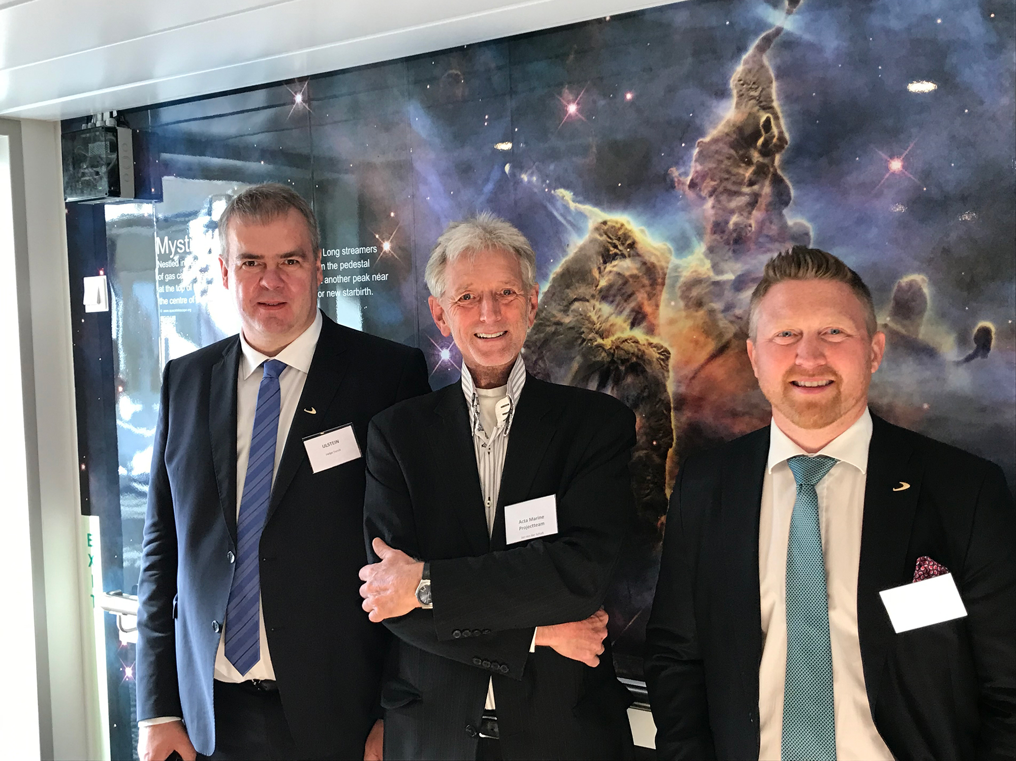 Acta Marine's Jan van der Schaft together with Ulstein Verft's Helge Torvik (left) and Trond S. Bø (right).