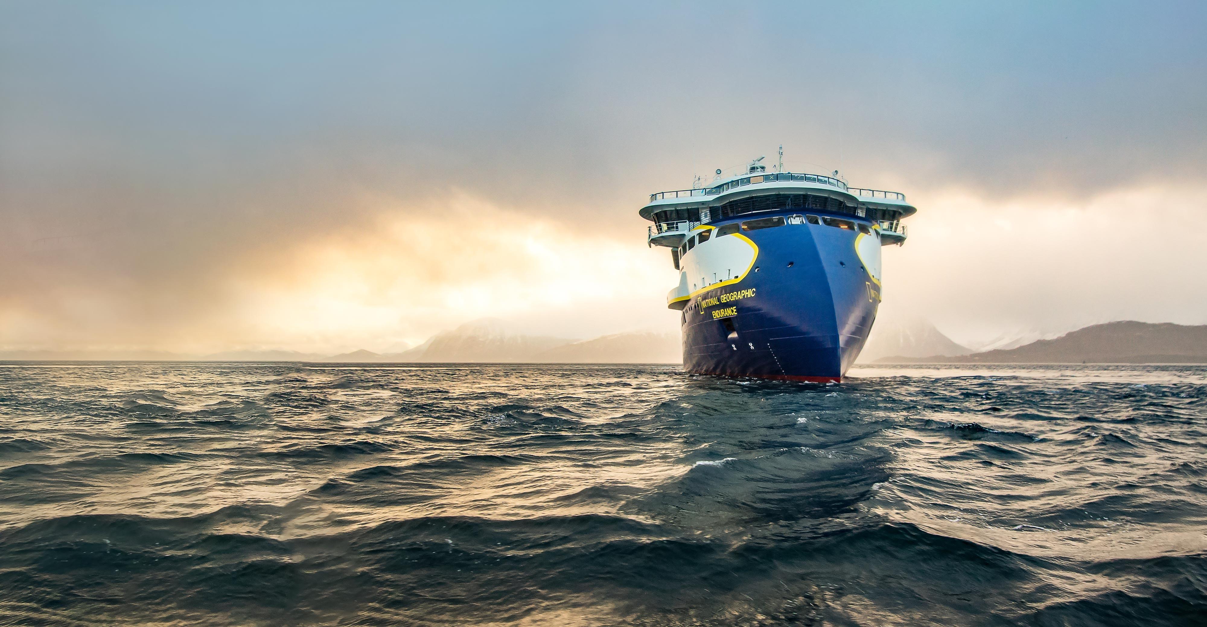 The 'National Geographic Endurance' on sea trial in the fjords of Norway.