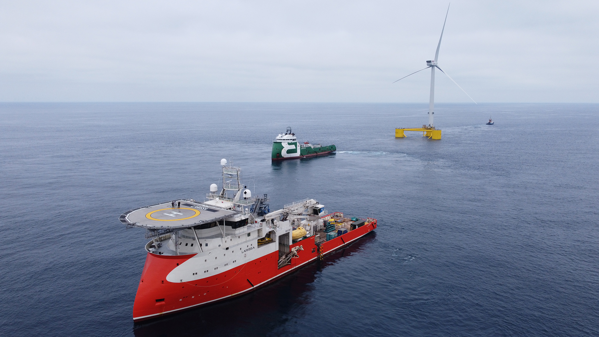 The IMR vessel 'Larissa' and AHTS vessel 'Bourbon Orca' involved in the installation of the 'Windfloat Atlantic' - the three largest floating offshore wind turbines to date.