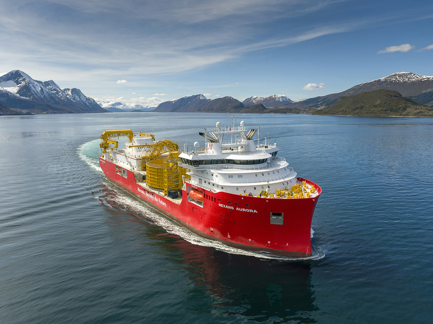 'Nexans Aurora' is a state-of-the-art cable-laying vessel for electrification of the future and is equipped with state-of-the-art equipment for transport and laying of cable and umbilical, including bundling, cable protection and splicing. Photo: Per Eide Studio.