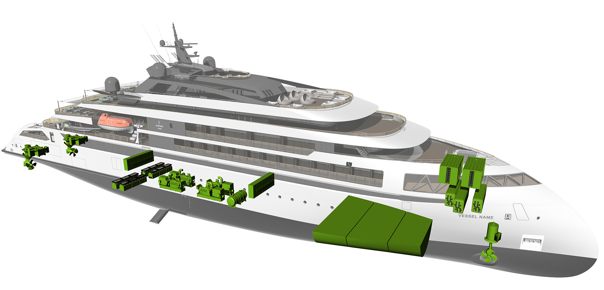 The ULSTEIN CX129 expedition cruise vessel design with power sources including batteries, methanol/MGO and hydrogen.