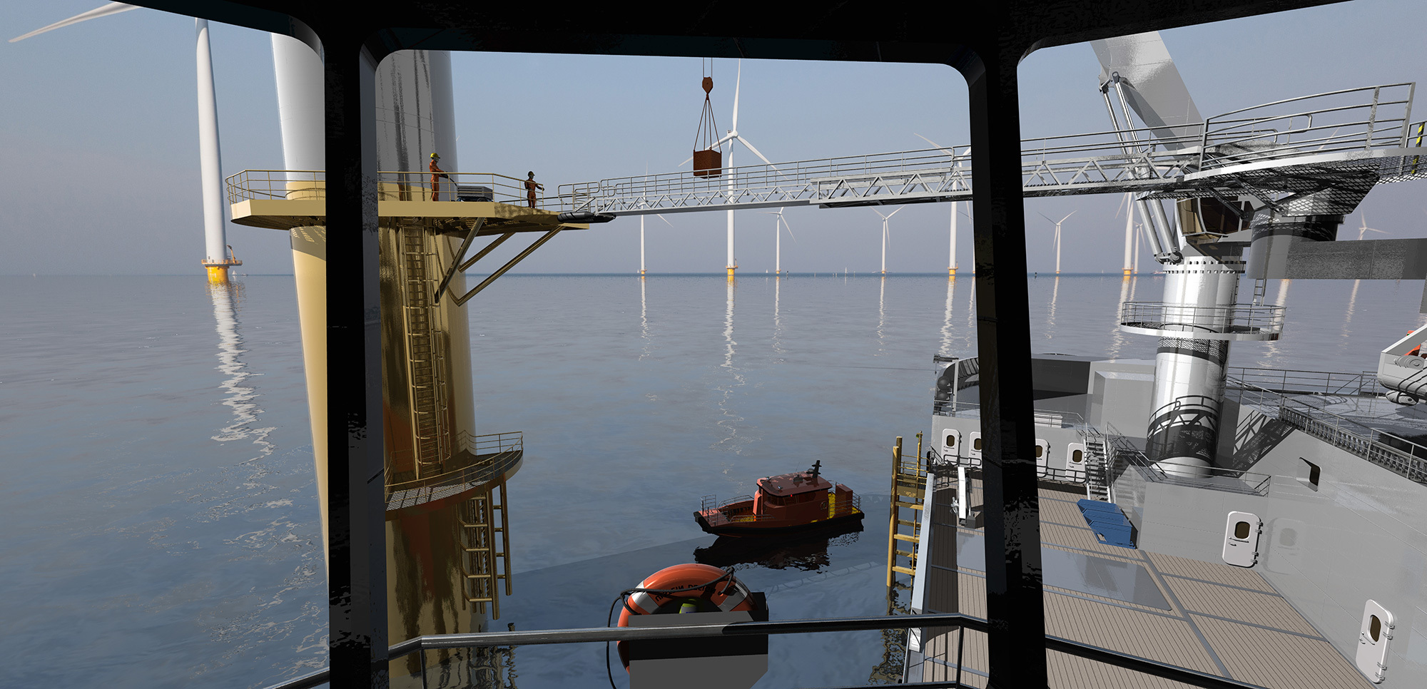 Bridge view of a TWIN-X-STERN™ vessel servicing an offshore wind turbine.