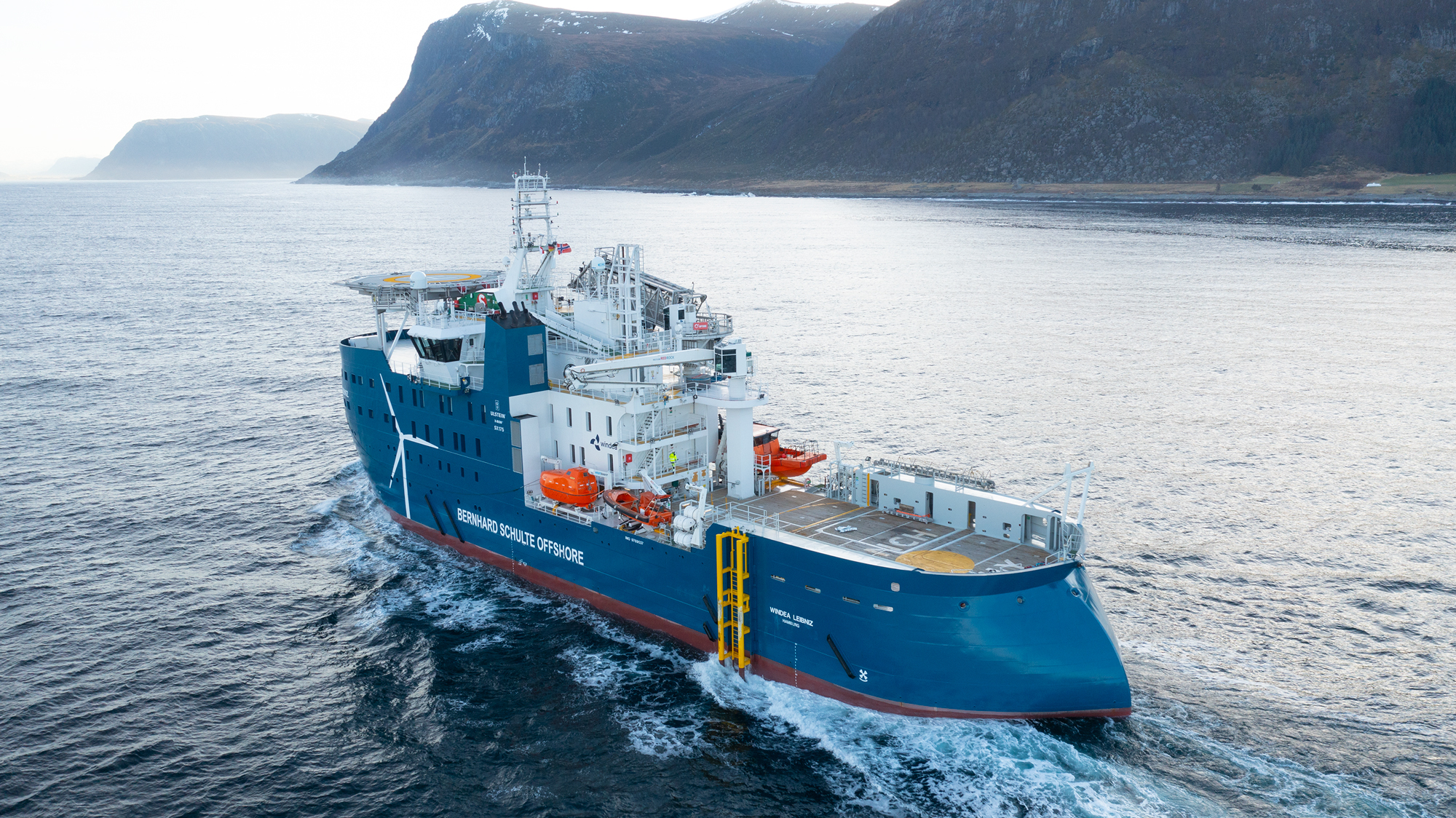 With an adjustable pedestal for the North Sea and an aft pedestal for the Baltic Sea, the Windea Leibniz has increased her flexibility in offshore wind services. Photo: Uavpic.com.