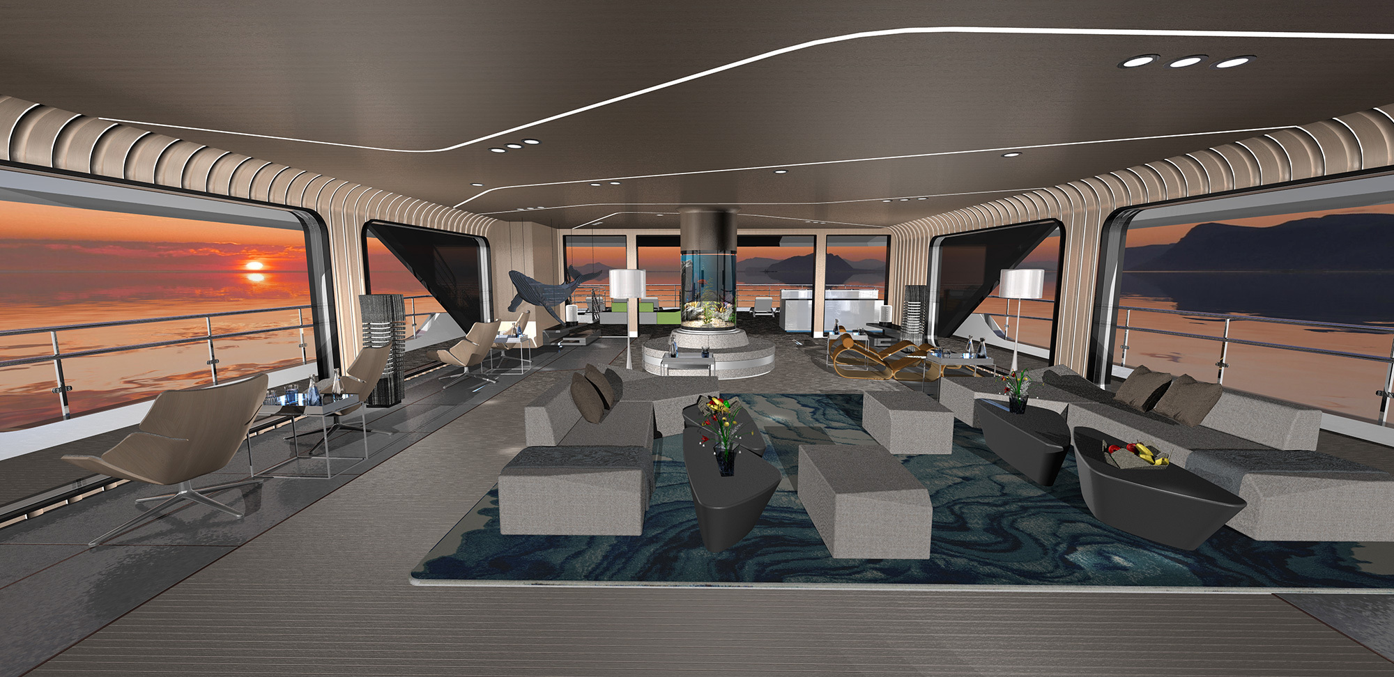 Example of the upper deck lounge on our smallest-sized yacht, the ULSTEIN CX128, designer's choice of interiors.